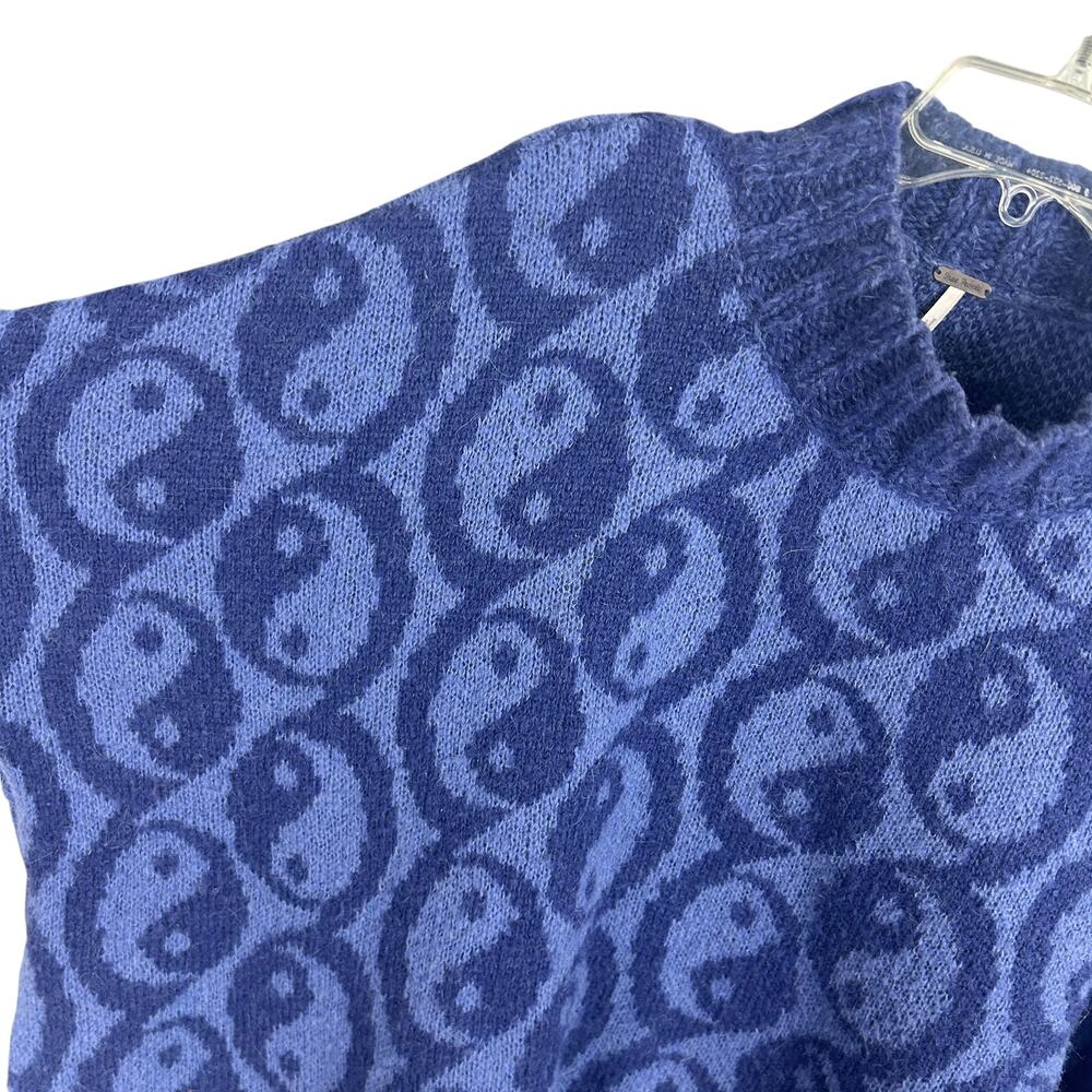 Free People Navy Blue Alpaca Wool Blend Long Sleeve Mock Neck Yin Yang Sweater M - Picture 5 of 9